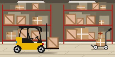 Vector illustration of modern interior warehouse. Cartoon interior with boxes, racks, trolley, loader.