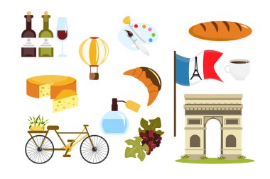 Set of equipment france in cartoon style. Vector illustration of grapes, flag with tower, croissants, coffee, spirits, cheese, wine, balloons, drawing, triumphal arch on white background.