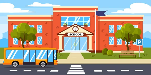Illustration Vectorielle Des Écoles Modernes Bâtiments Urbains Animés Avec Autobus — Image vectorielle