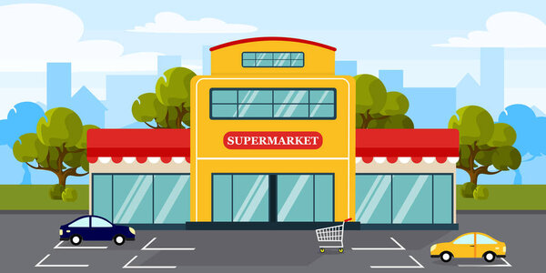 Vector illustration of a beautiful supermarket. Cartoon urban buildings with parked cars, carts, trees and a city in the background.