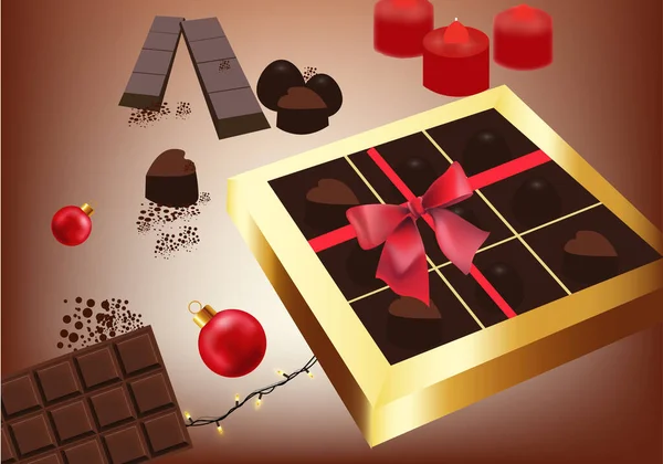 골든 초코 렛 박스 벡터 현실적. 초콜릿 공장을 포장하는 제품 배치. 크리스마스 초콜릿 이나 발렌틴 선물 — 스톡 벡터