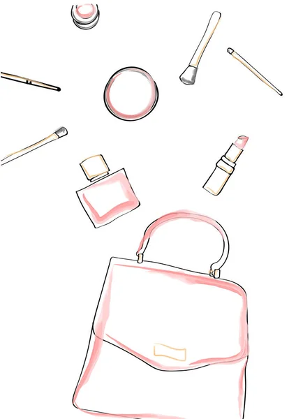 Piros táska és kozmetikai rúzs és parfüm bbottle akvarell mintázatú textúra akvarell. Piros táska és kozmetikai kellékek. Termékmegjelenítési sablonok — Stock Vector