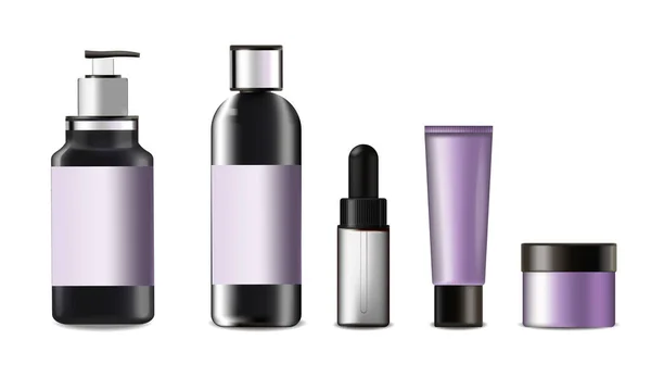 Violet Cosmetics Package Vector Realistic Shampoo Liquid Soap Conditioner Cream — Stock Vector