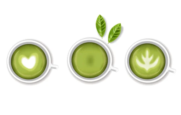 Matcha Cups Vector Realistic Fresh Cappuccino Vegan Matcha Drink — Διανυσματικό Αρχείο