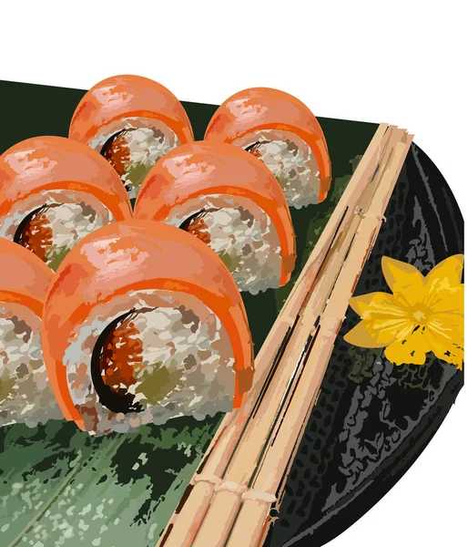 Sushi Plate Vector Salmon Rolls Seafood Japanese Fresh Cuisine - Stok Vektor