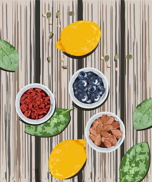 Lemon Blueberry Watercolor Vector Mock Template Wood Background Healthy Cuisine — Stockvector