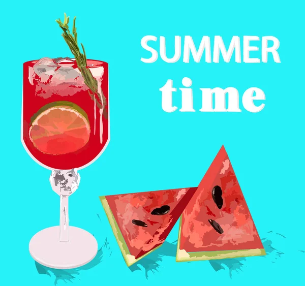 Watermelon Drink Cocktail Vector Summer Tropic Juicy Beverage Poster — 图库矢量图片