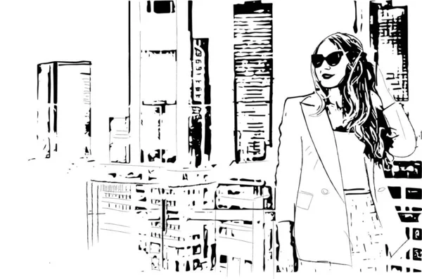 大都市のベクトルラインアートの女性 高層ビルを歩くビジネス女性 — ストックベクタ