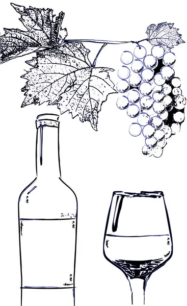 ワインボトルとブドウの枝ベクトルラインアートとガラス ヴィンテージポスターブドウとワイン分離 — ストックベクタ