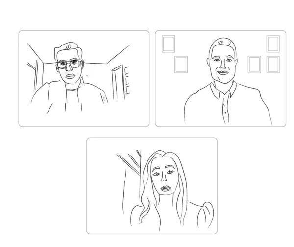 Online Konference Setkání Tří Lidí Vector Storyboard — Stockový vektor