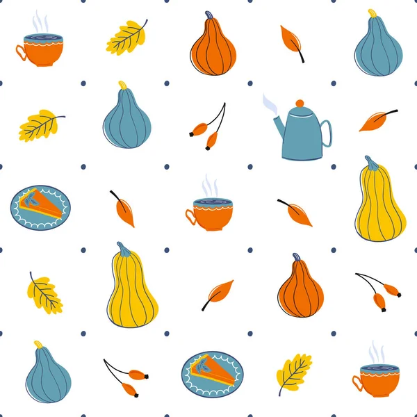 Autumn seamless pattern with pumpkins, pumpkin pie, teapot, cup and foliage. Vector illustration in simple Scandinavian style.