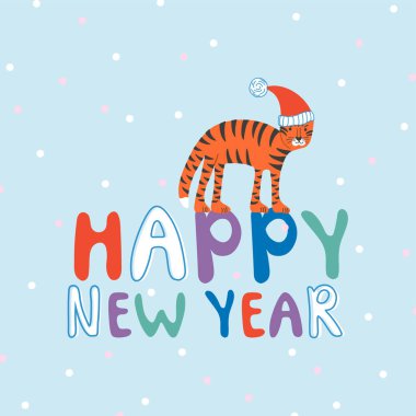 Kaplan ve Yeni Yıl harfleriyle vektör çizimi. Renkli tebrik kartı. Mutlu bayramlar.