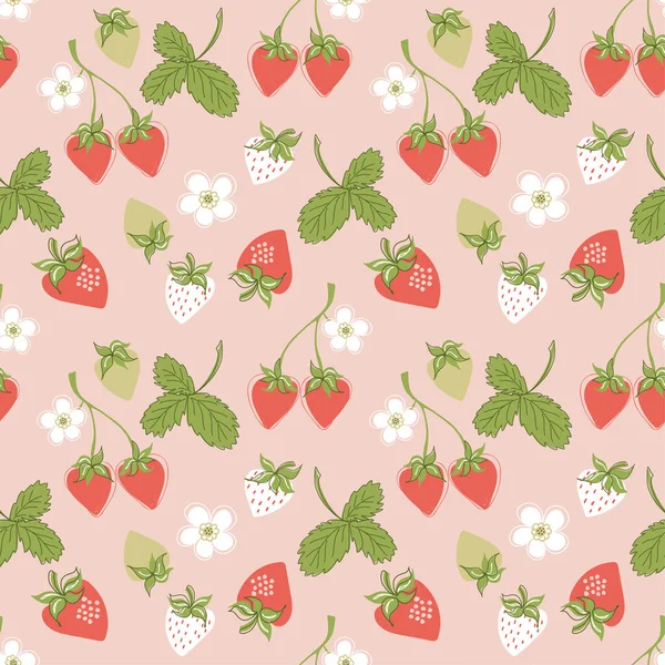 五彩斑斓的草莓花纹 有草莓叶和粉红色背景的花朵 手绘风格矢量插图 — 图库矢量图片