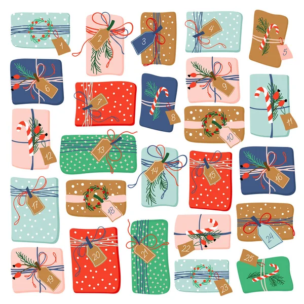 Calendario Adviento Navidad Coloridas Cajas Regalo Dibujadas Mano Con Números Vectores De Stock Sin Royalties Gratis