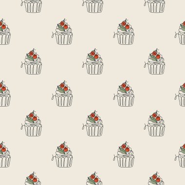 Çizgisiz desenli, sanat tarzı kek. Retro renkte vektör dokusu. Kumaş, tekstil, ambalaj, koleksiyon kitabı için şirin minimalist illüstrasyon.