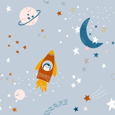 Roketleri, yıldızları, ayı ve gezegenleri olan hoş, pürüzsüz bir desen. Bebek kozmik arkaplanı basit elle çizilmiş. İç dekorasyon, kumaş, bebek kıyafetleri, bebek partisi dekorasyonu için iyi..