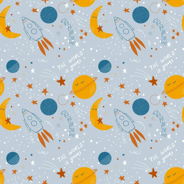 かわいい赤ちゃん宇宙背景 単純な手描きスタイルでロケット 月や惑星とベクトルシームレスなパターン インテリアの装飾 ファブリック ベビー服 ベビーシャワーの装飾のために良い — ストックベクタ