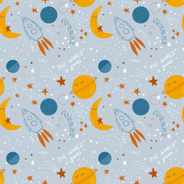 Cute baby cosmic backdrop. Vector seamless pattern with rockets, stars, moon and planets  in simple hand drawn style. Good for interior decorating, fabric, baby clothes, baby shower decor.