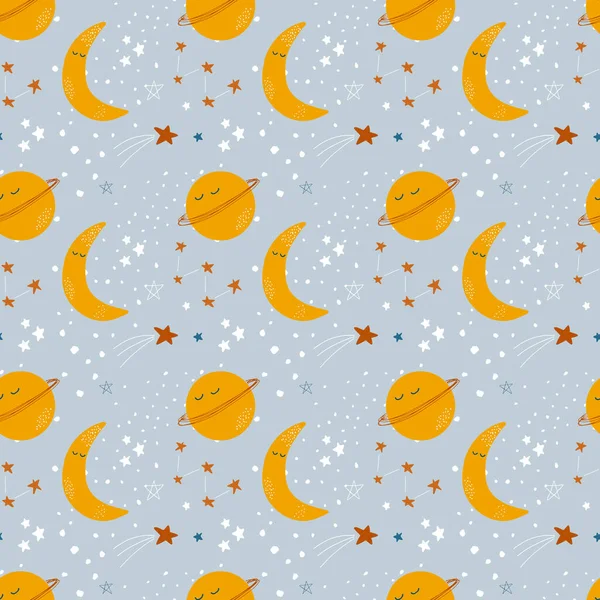 Cute baby cosmic backdrop. Vector seamless pattern with stars, moon and planets  in simple hand drawn style. Good for interior decorating, fabric, baby clothes, baby shower decor.