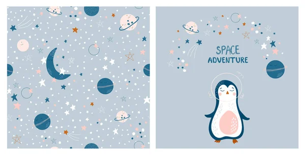Conjunto Cósmico Bebé Con Pingüino Luna Planeta Estrellas Patrón Sin — Vector de stock