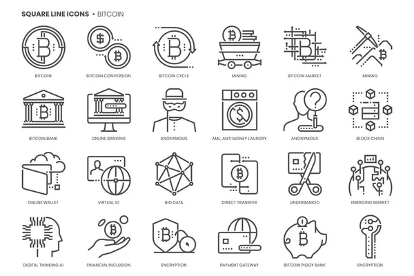 Bitcoin bağlantılı, piksel mükemmel, düzenlenebilir vuruş, ölçeklenebilir kare çizgi vektör simgesi kümesi. 