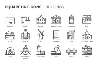 Buildings related, pixel perfect, editable stroke, up scalable square line vector icon set.  clipart