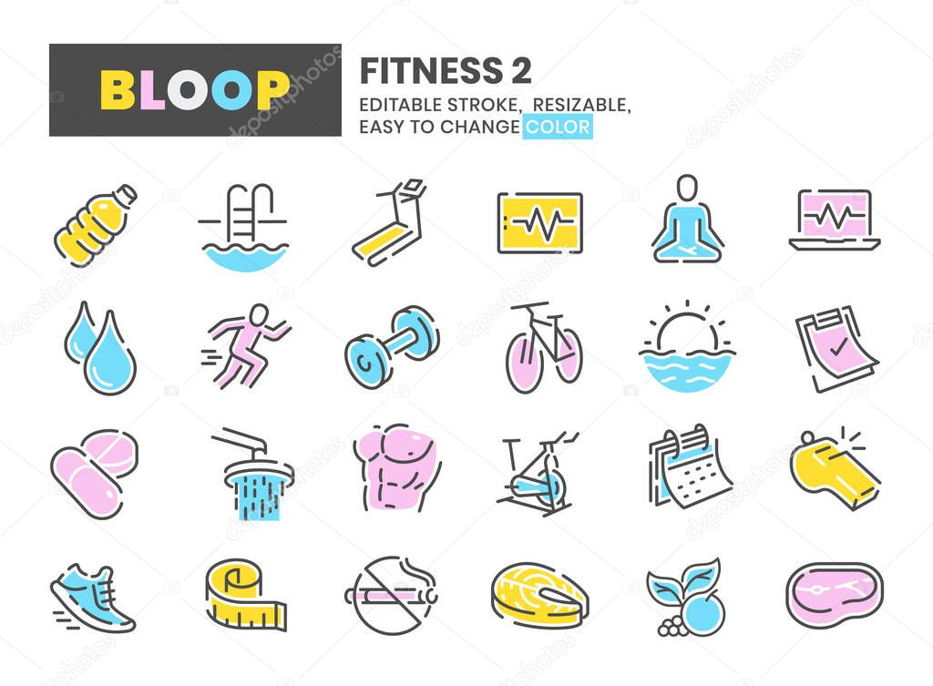 Fitness 2 - Bloop Colorful, Editable Stroke, Line Icons.