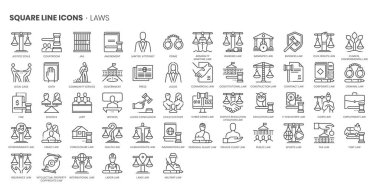 Law related, pixel perfect, editable stroke, up scalable square line vector icon set. 