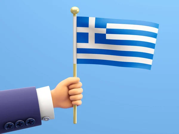 Cartoon Hand holding a flag of Greece. 3d illustration