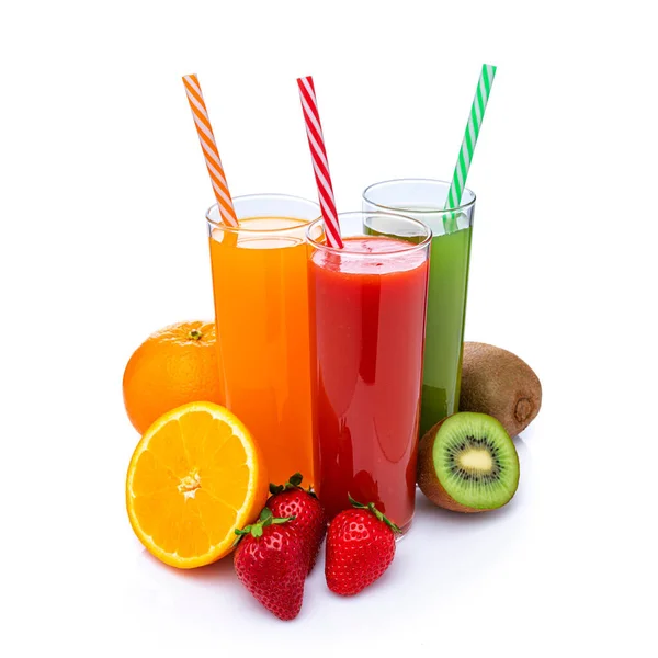 Three glasses Orange, strawberry and kiwi juices isolated on white