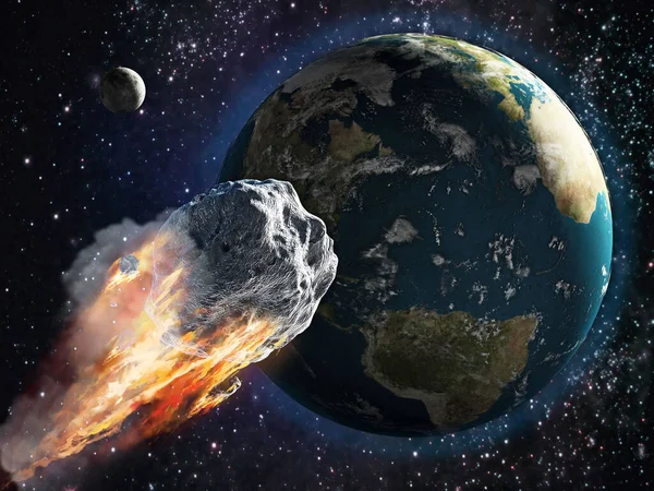 Burning asteroid moving through the Earth. 3d illustration