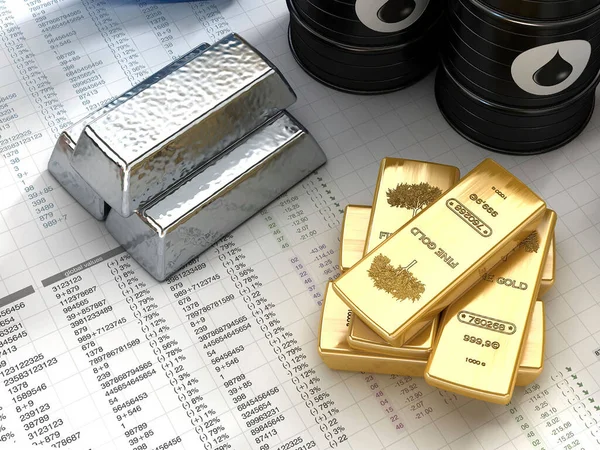 Silver, gold ingots with oil barrels on fictitious financial datas