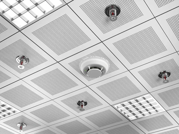 Fire detector and sprinklers mounted on the suspended ceiling