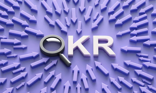 OKR (objective key result). Team and individual goals. Effective control over the implementation of tasks. Business strategy. OKR letters and arrows on blue background. 3d illustration