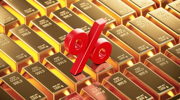 Red Percentage Sign Sitting Over Gold Bars Laying Next To Each Other. 3d illustration
