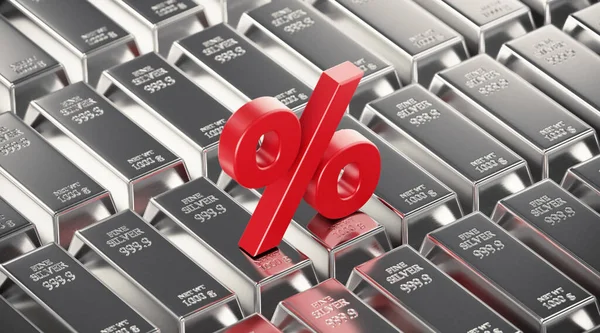 Red Percentage Sign Sitting Over Silver Bars Laying Next To Each Other. 3d illustration