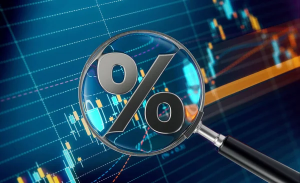 Percentage Sign Sitting over Blue Financial Bar Graph - Stock Market and Finance Concept. 3d illustration
