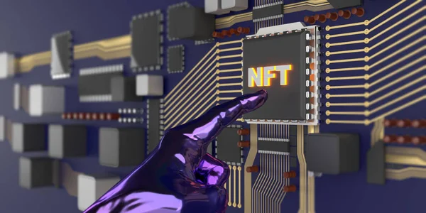 Cyborg hand touching NFT text on Circuit Board. Circuit Motherboard Concept. Non fungible tokens technology. NFT neon sign-picture on colored CPU background with copy space.  3d illustration