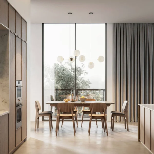 3D rendering of a dining area in modern kitchen. Luxurious interiors of modern apartment.