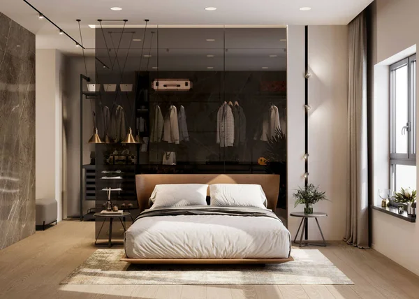 Computer generated image of a luxurious and elegant bedroom interiors. 3D rendering of bedroom with minimal furniture.