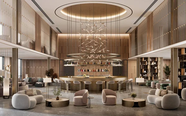 3D rendering of a luxurious hotel lobby and bar interiors. Computer generated image of five-star hotel interior.