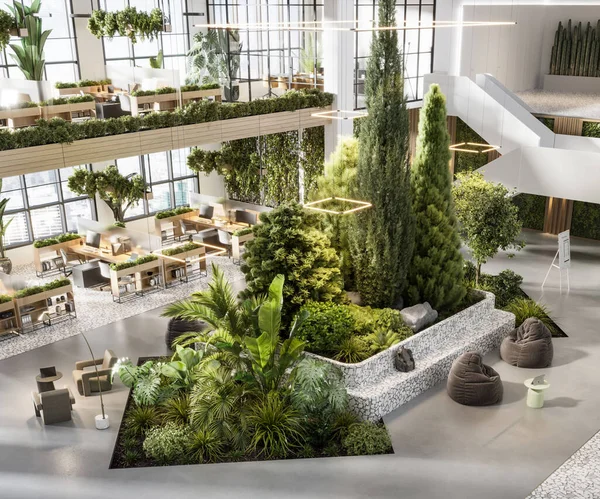 Creative office interior with plants. 3D rendering of modern and bright open plan office space variety of trees and plants.