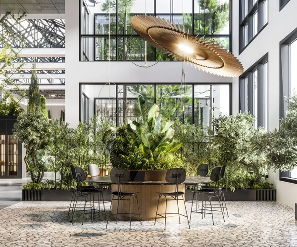 Creative office interior with plants. 3D rendering of modern and bright open plan office space variety of trees and plants.
