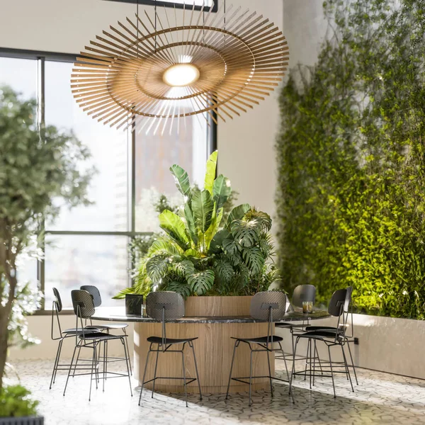 3d rendering of chairs around a round table with plants and overhanging electric lamp. Creative office space in 3d render.