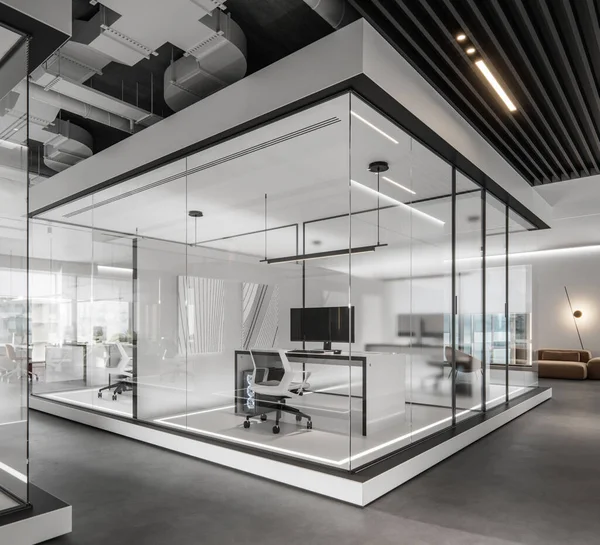 Large post-pandemic glass cubicles in modern hybrid office. 3d rendering of corporate office interior.