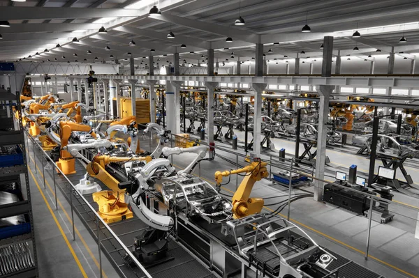 Robotic welding production line in car factory. Computer generated image of a vehicle manufacturing company.