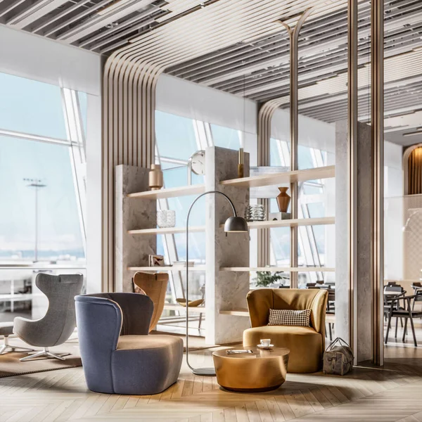 Elegant armchairs for passengers waiting for plane in vip lounge at the airport. Digitally generated image of executive airport lounge. 3d rendering