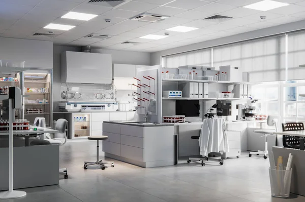 Modern laboratory interior in 3d render. Digitally rendered scientific research laboratory.