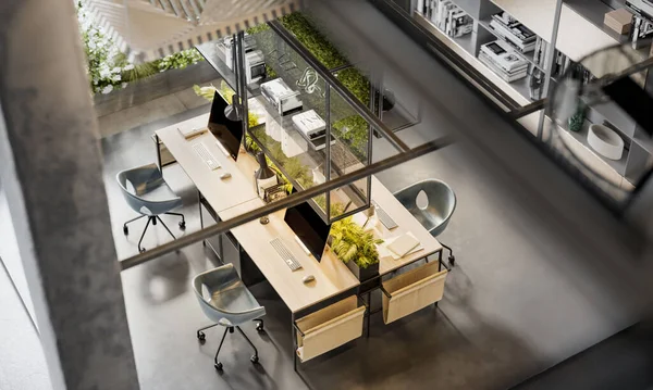 High angle view of an environmentally friendly coworking office space. Computer generated image of an open plan office interior, plants on work desk,