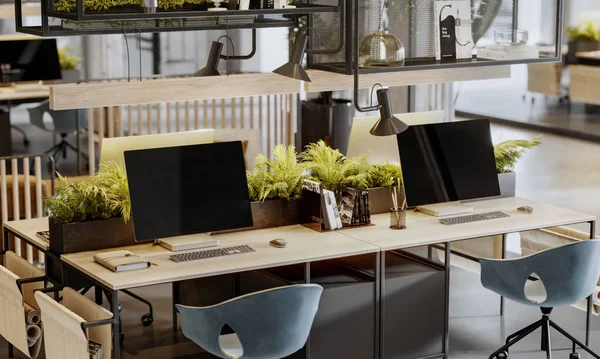 Computer-generated image of modern office desk with plants. Coworking office interior with computers and plants on work desk.